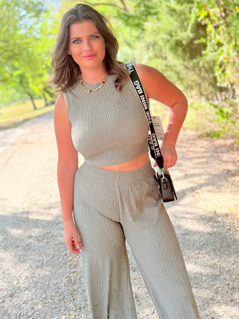 Blissful Ambiance Crinkle Spring Pant Set - Moss Rhinestone