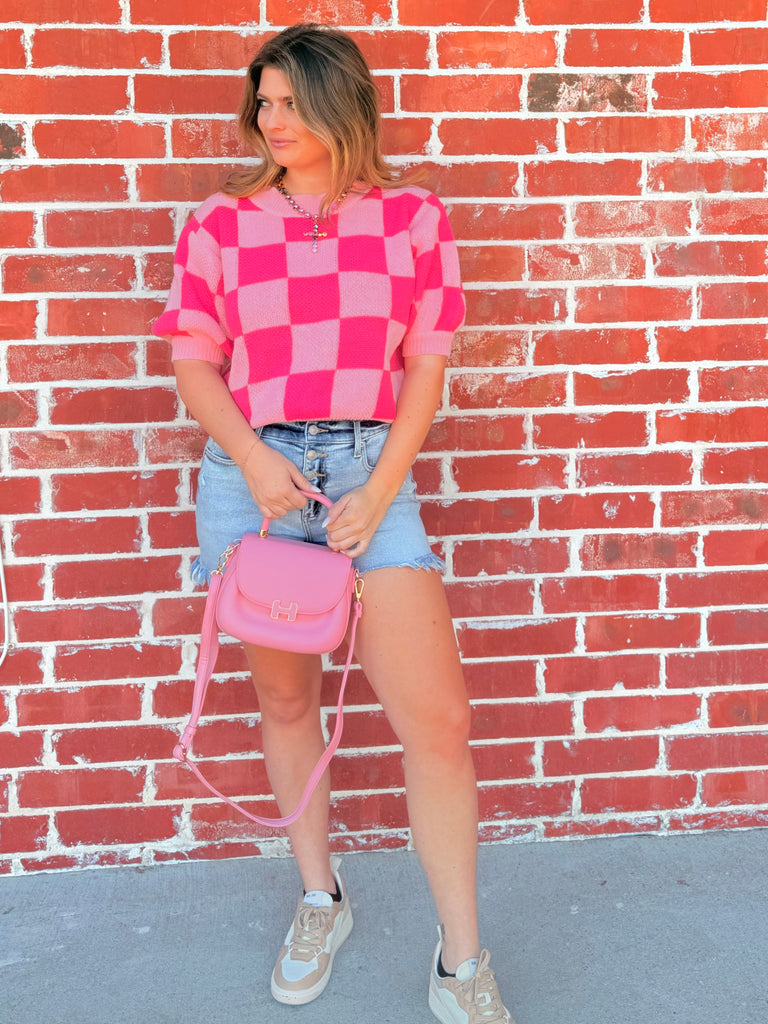 Checkered Short Puff Sleeve Knit Pullover Top PINK