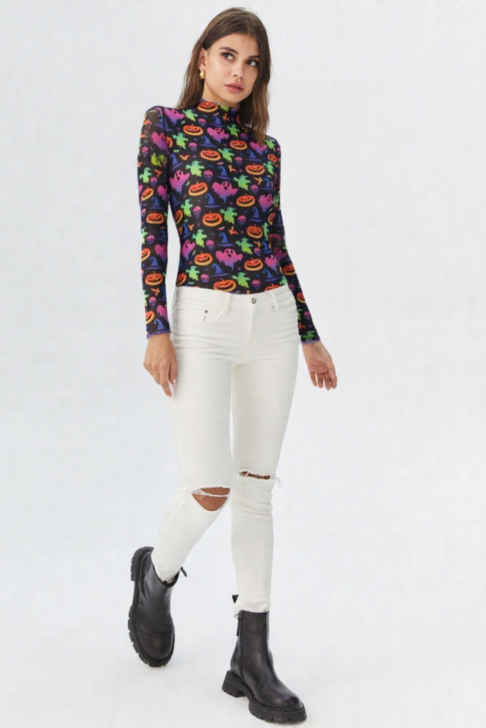 Belle Halloween Ghost Print Mesh Top