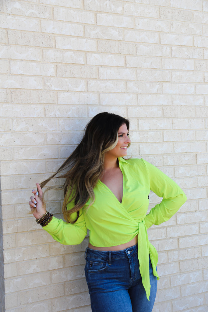 To the Side Tied Surplice Blouse - Neon Lemon