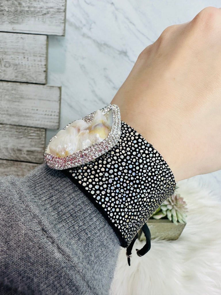 Hologram Stingray Leather Pearl Pave Stone Cuff