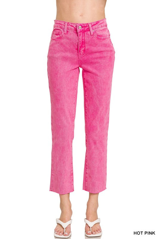 Hot Pink Acid Wash High Rise Non Distressed Frayed Denim Jeans