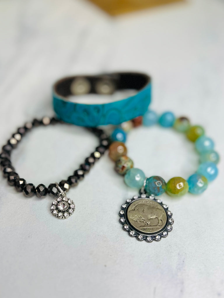 Teal Tooled Vintage Gold Coin Bracelet Set