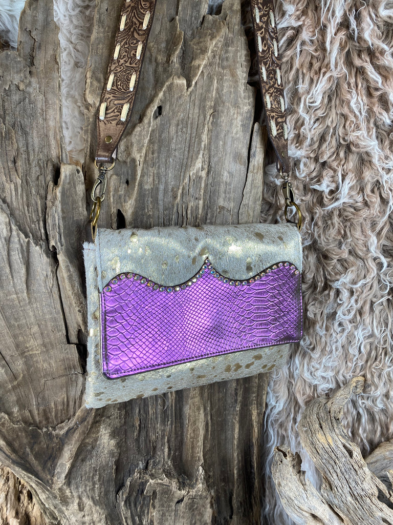 Gold Shimmer & Matte purple Viper AB studded Leather/Hide Maxine Purse