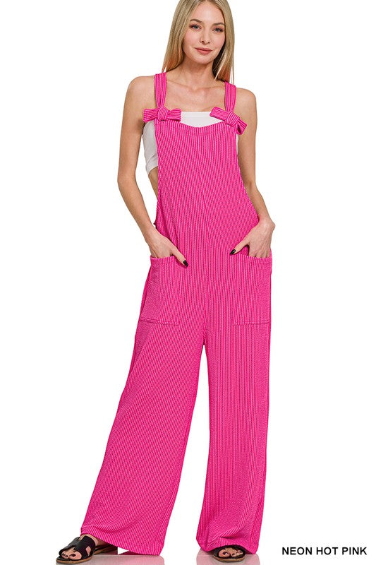 The Daisy Corded Ribbed Knot Relaxed Fit Overalls in Hot Pink