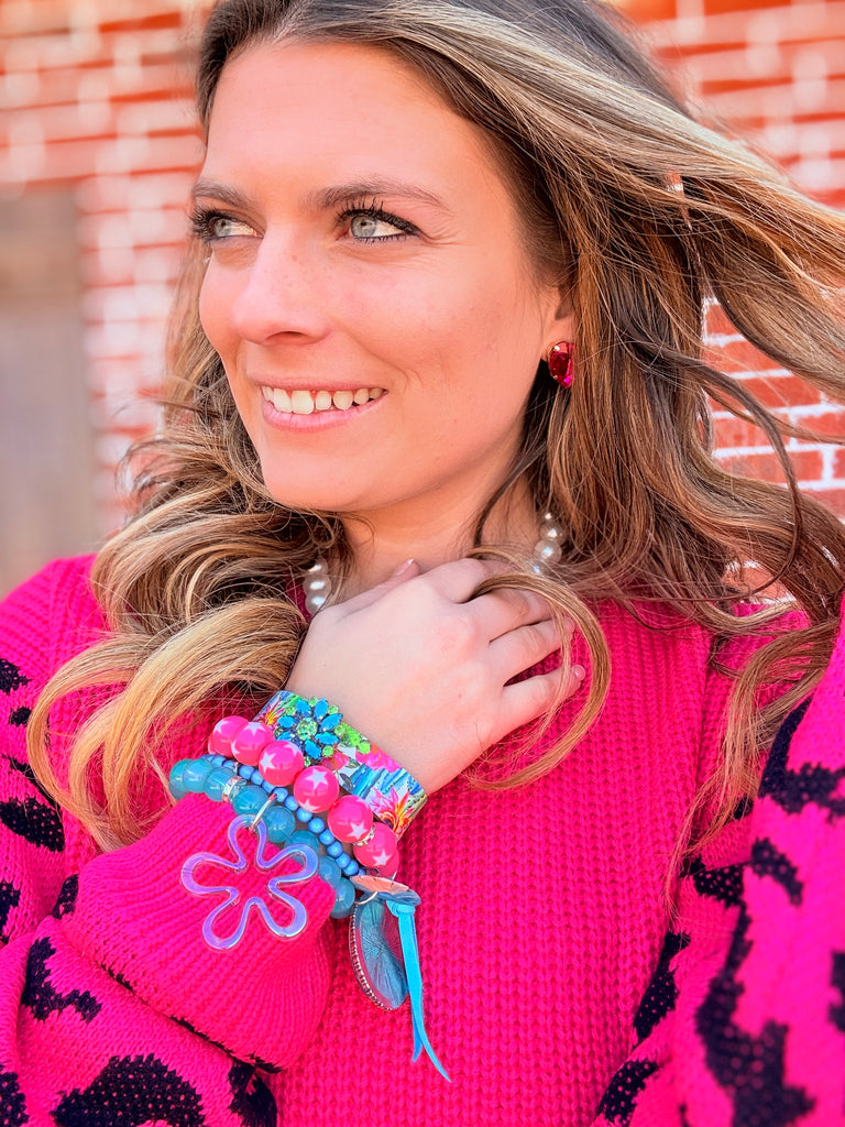 Floral Sky Leather and Charm bracelet Stack