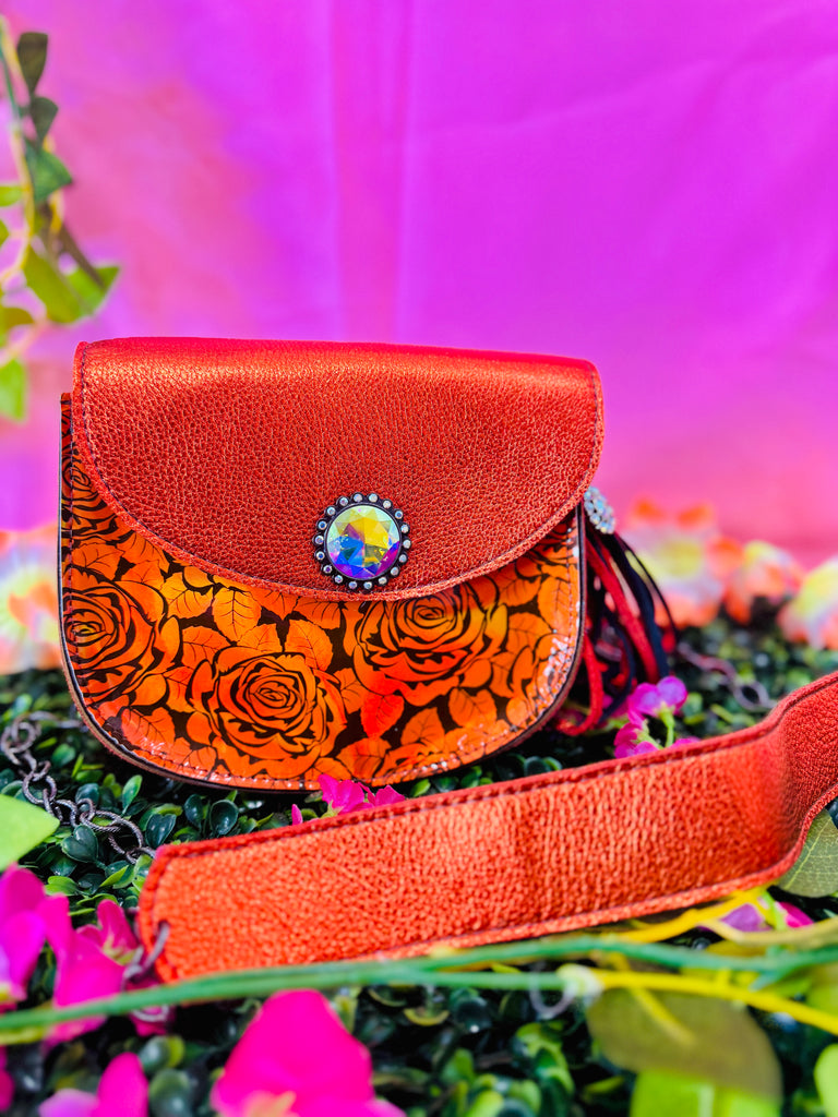 Orange Hologram Roses Leather Handbag