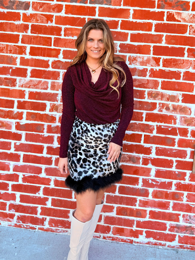 Animal Printed Fur Toss Back Velvet Skirt