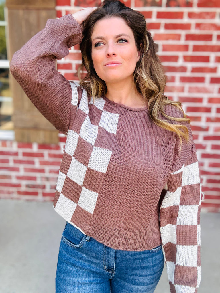 Mocha & Ivory Checkmate Color Chop Sweater