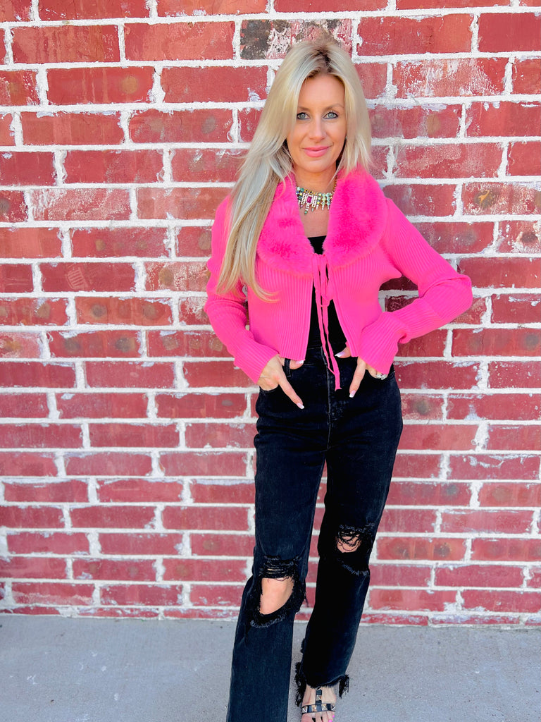 Hot Pink Fluffy Chic Collar Sweater