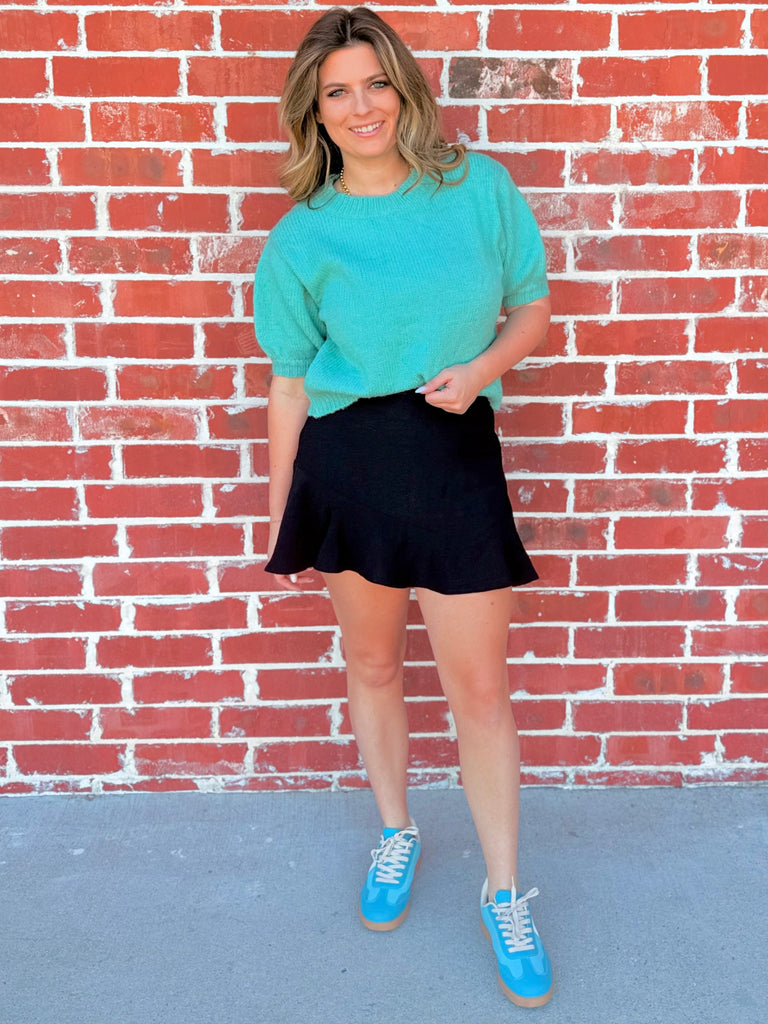 Short Puff Sleeve Knit Pullover Top in Jade