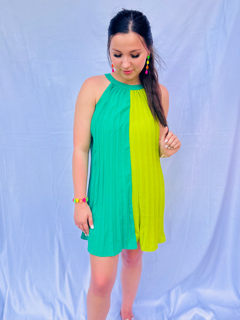 Kelly Green Halter Color Block Pleated Dress
