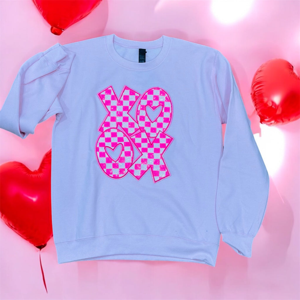 Blush XOXO Checkered Sequin Patch Graphic Crewneck Pullover