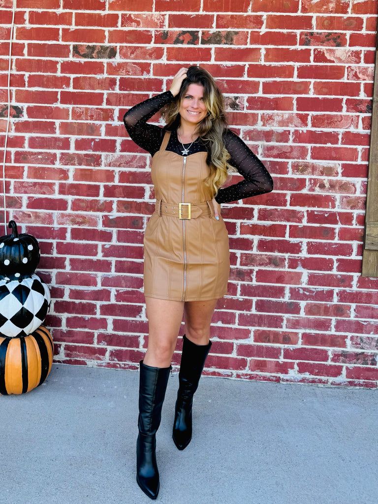 Camel Something Fierce Faux Leather Fall Overall Dress – The Sister's Boutique