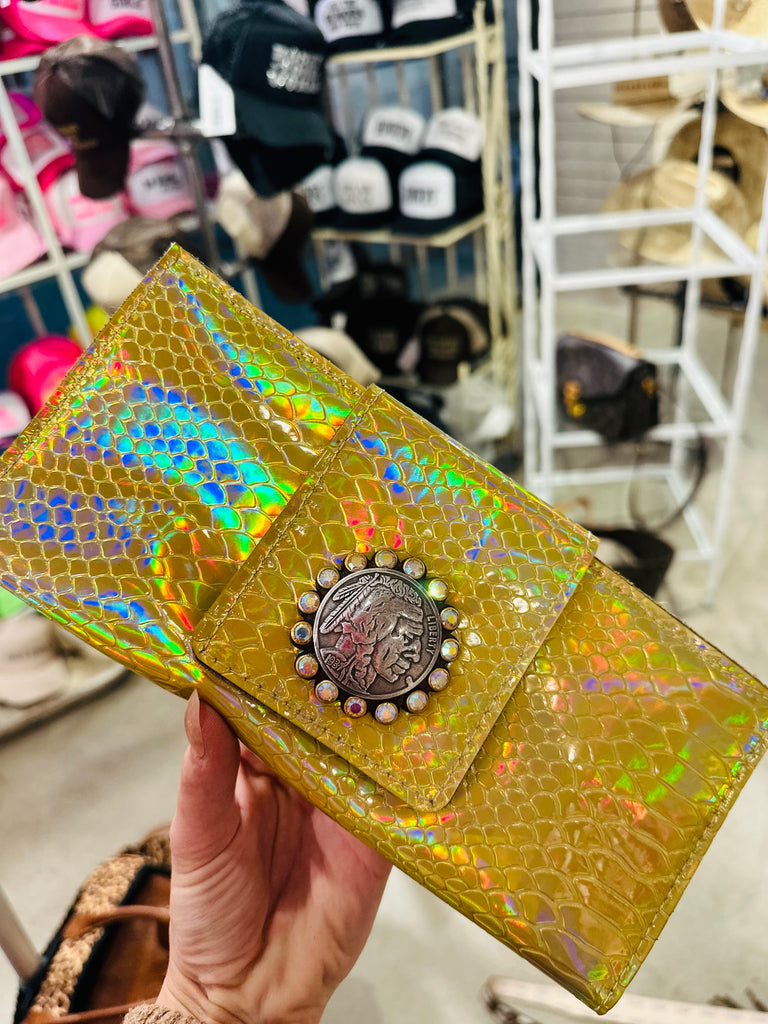 Gold Hologram & Vintage Coin Wallet Clutch