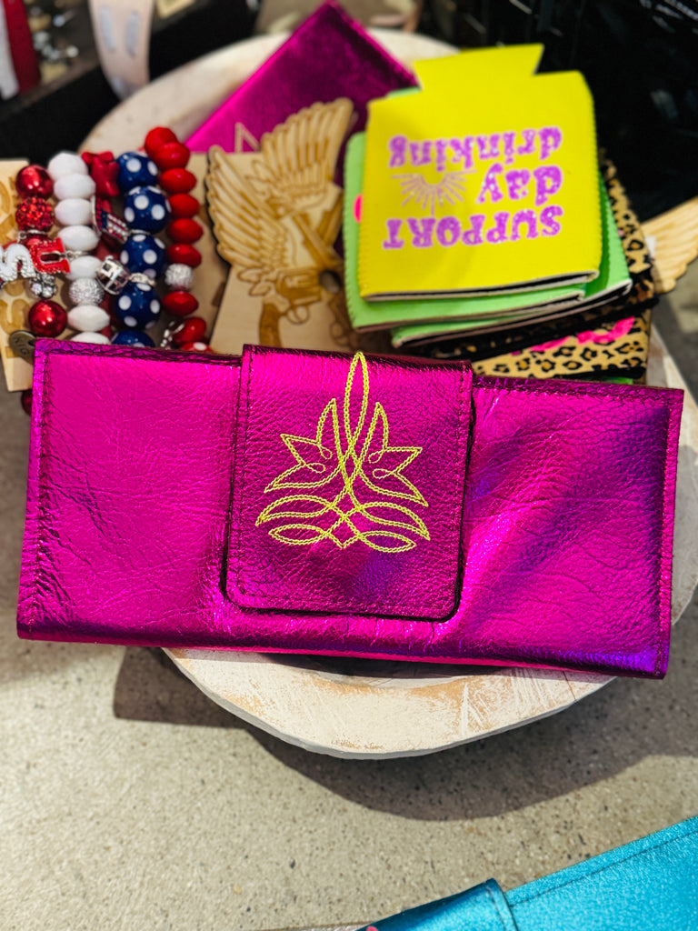 Stitched Southern Metallic Wallet Clutch- Hot Pink