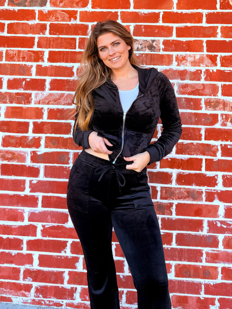 The Luxe Velour Zip Crop Hoodie in Black