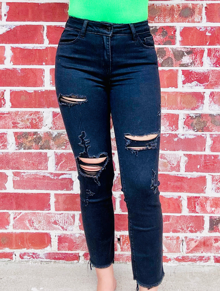 Deep Knight Distressed Cropped Denim