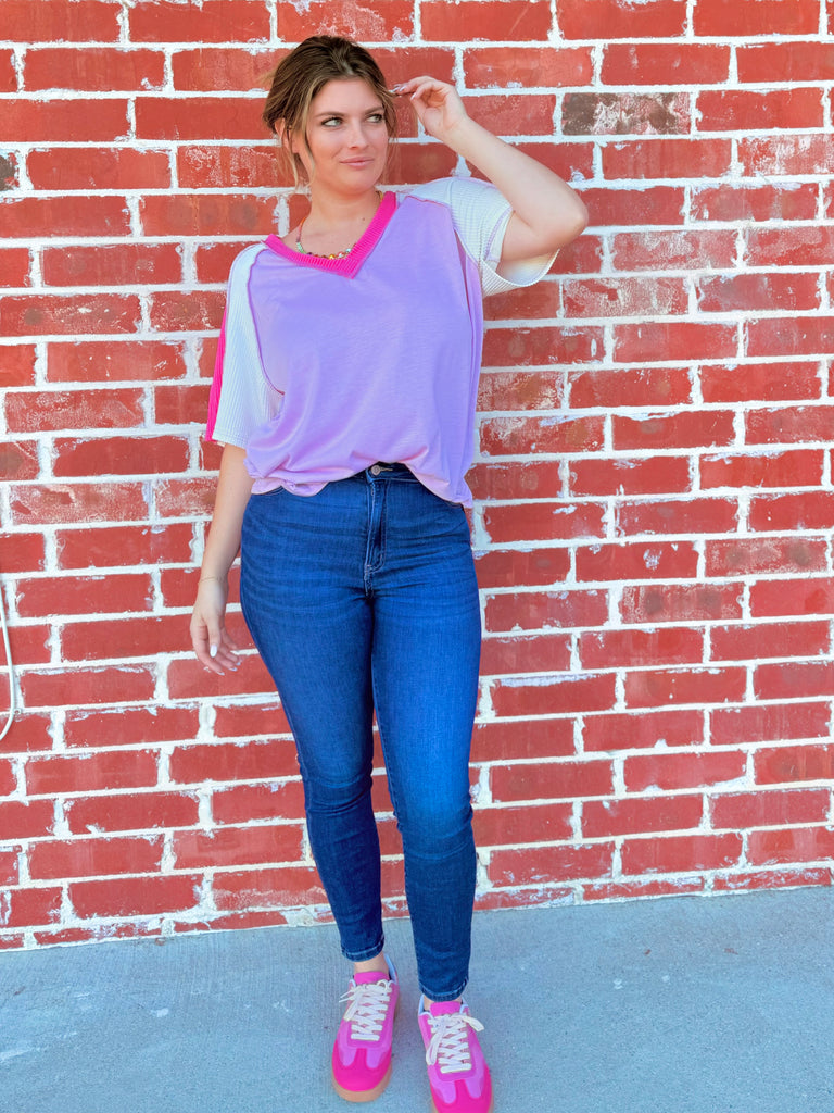 Pink Jersey Knit V-Neck Top with Cord Rib Combo