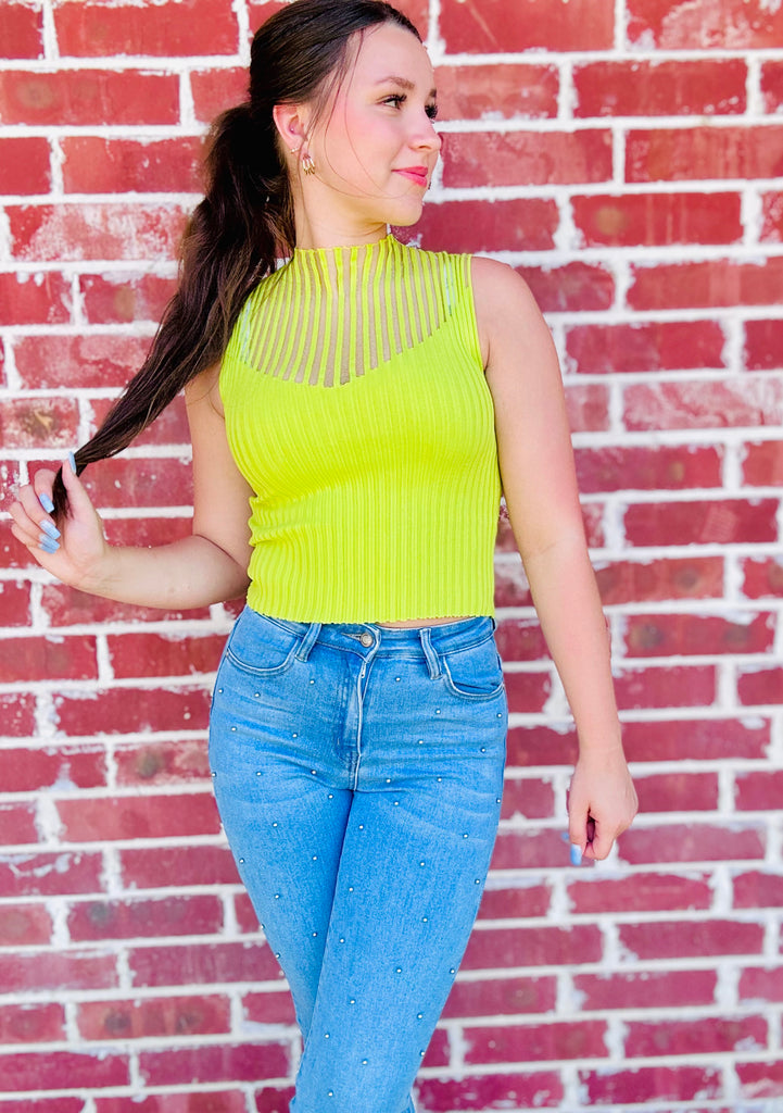 All Over Ribbed Sleeveless Tank Top-Lime