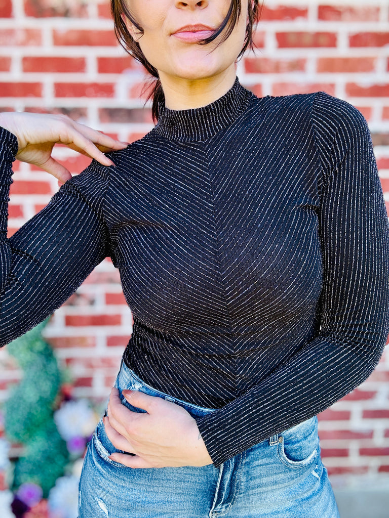 Black Radiant & Regal Fall Glitter Mock Neck Top