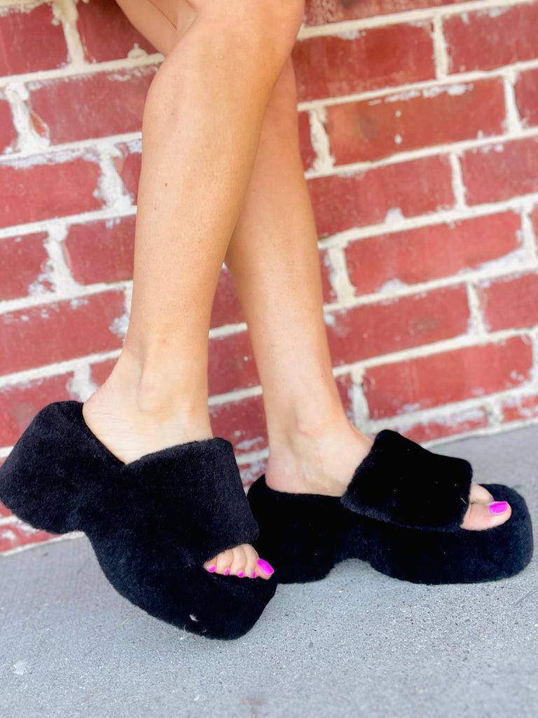 Soft & Sacred Black Fur Platform Sandals