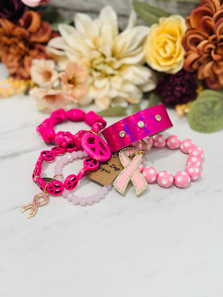 Fighting for Peace Pink Shimmer Breast Cancer Support Bracelet Set