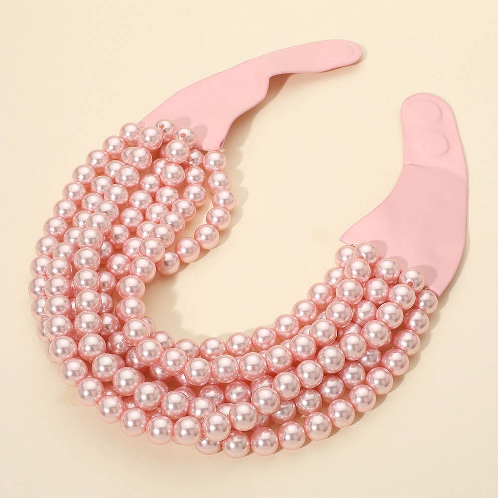 Multi Layered Pearl Beaded Magnetic Necklace: Light Pink