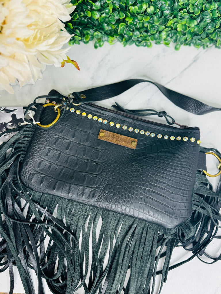 Two Tones Black Leather & Stars Olive Fringed Crossbody