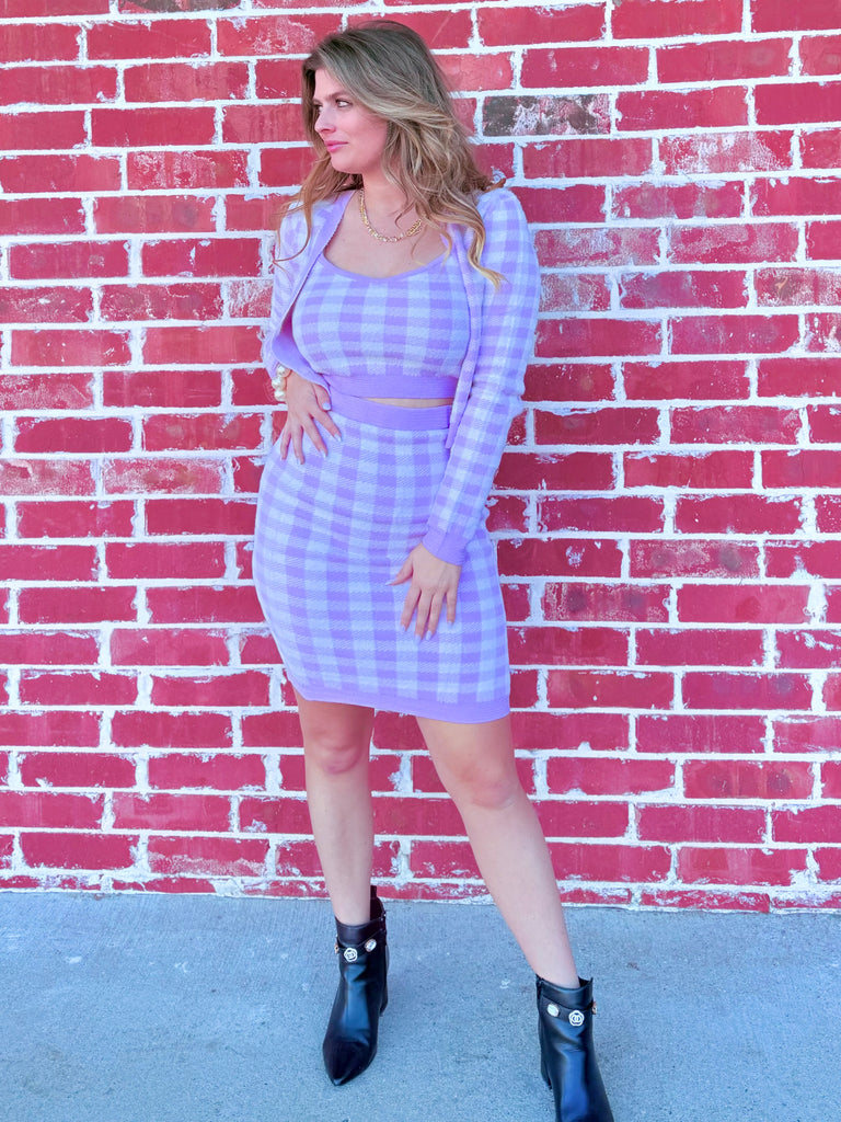 Lavender Picnic Plaid Cami Top With Cardigan 2 Piece Set