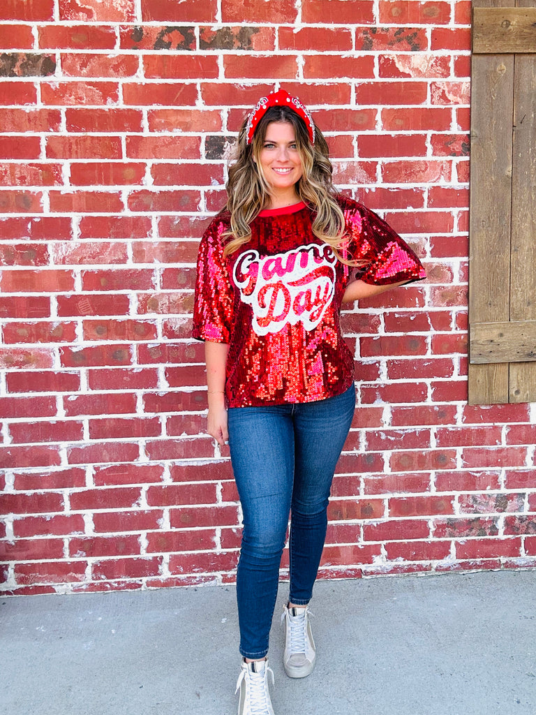 Red Sequin Game Day Jersey Top