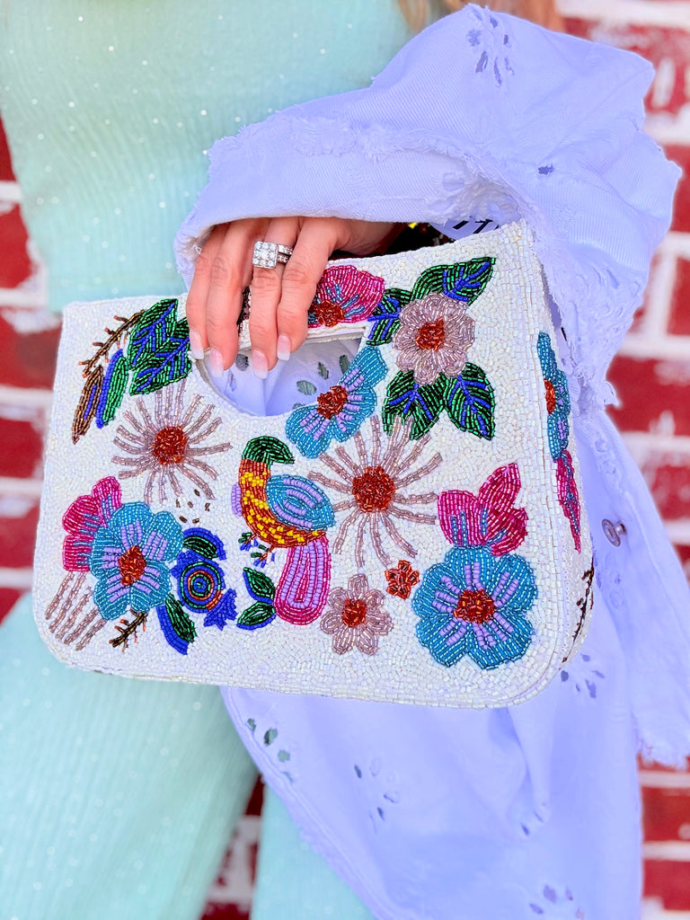 Paradise Floral Crystal Beaded Clutch and Crossbody Purse