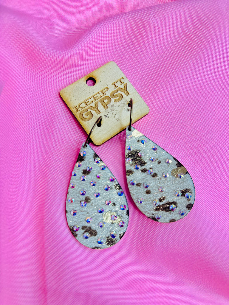 Leather and Crystal Teardrop Earrings-Cow Print