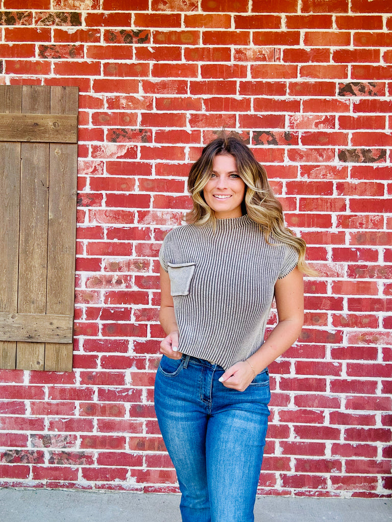 Dark Washed Mocha Mock Neck Sweater Top