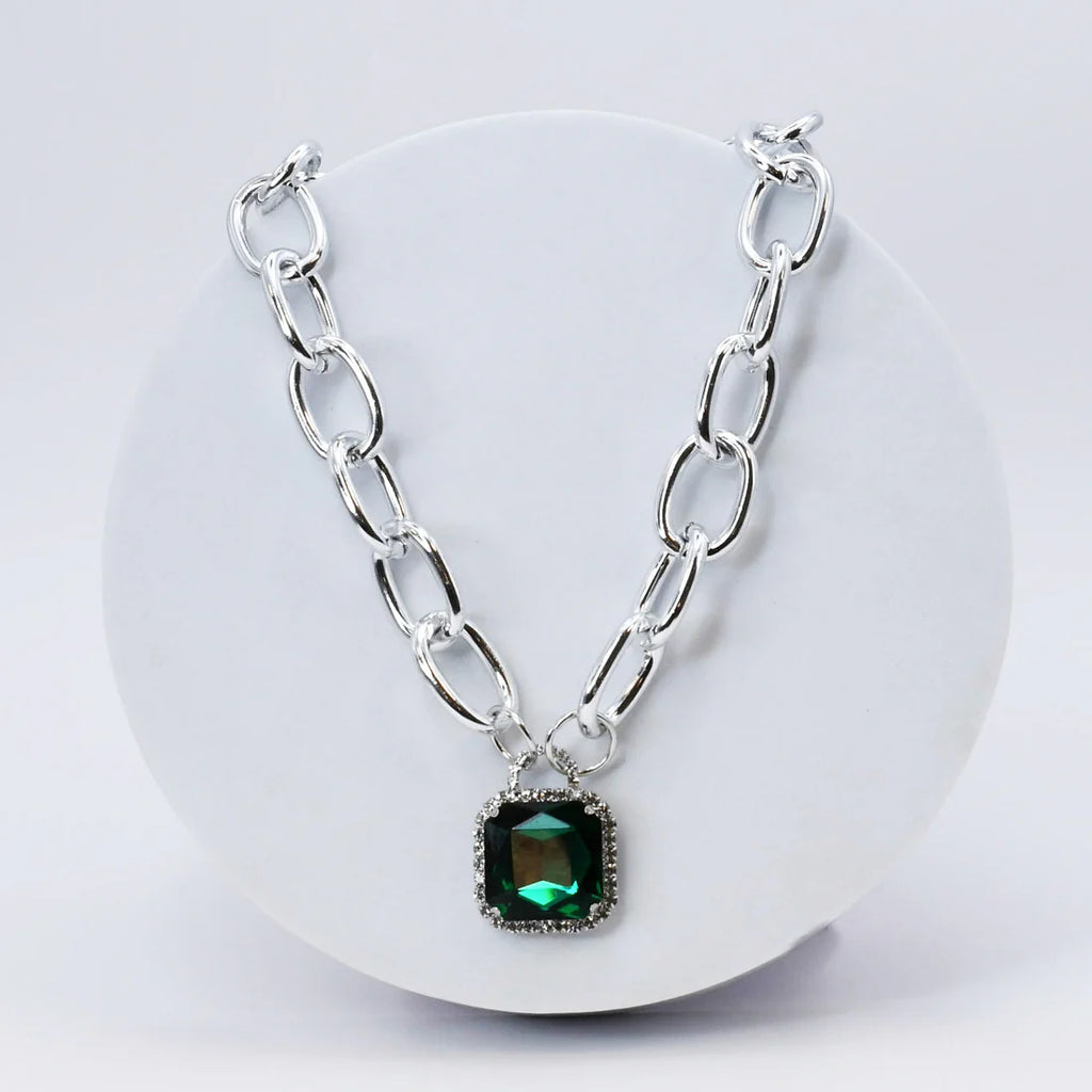 Emerald Glamour Chunk Necklace in Silver