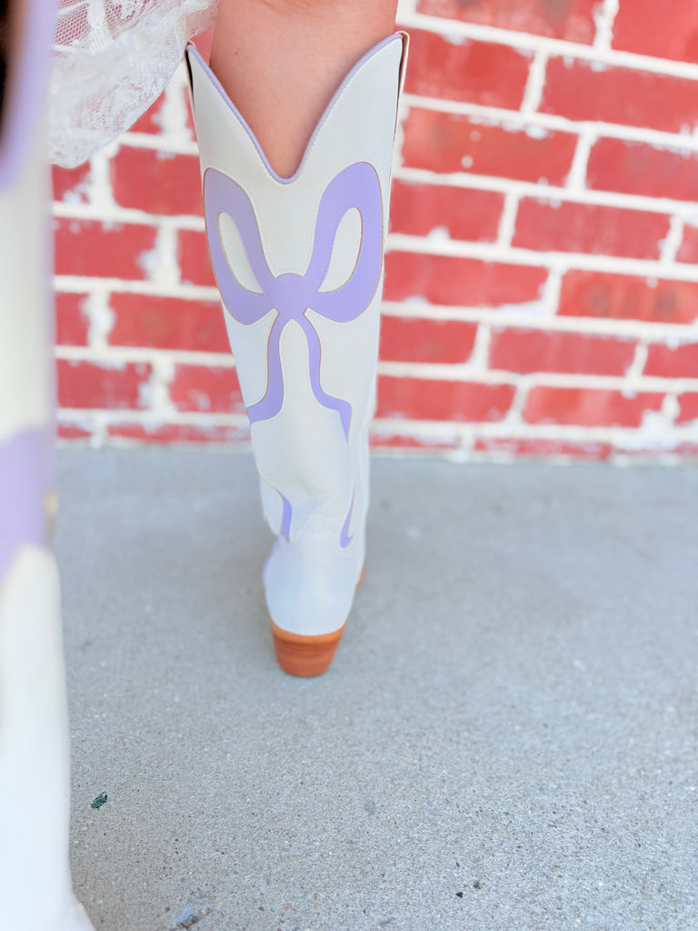 The Ruby Lavender Bow Tooled White Western Knee High Cowboy Boots