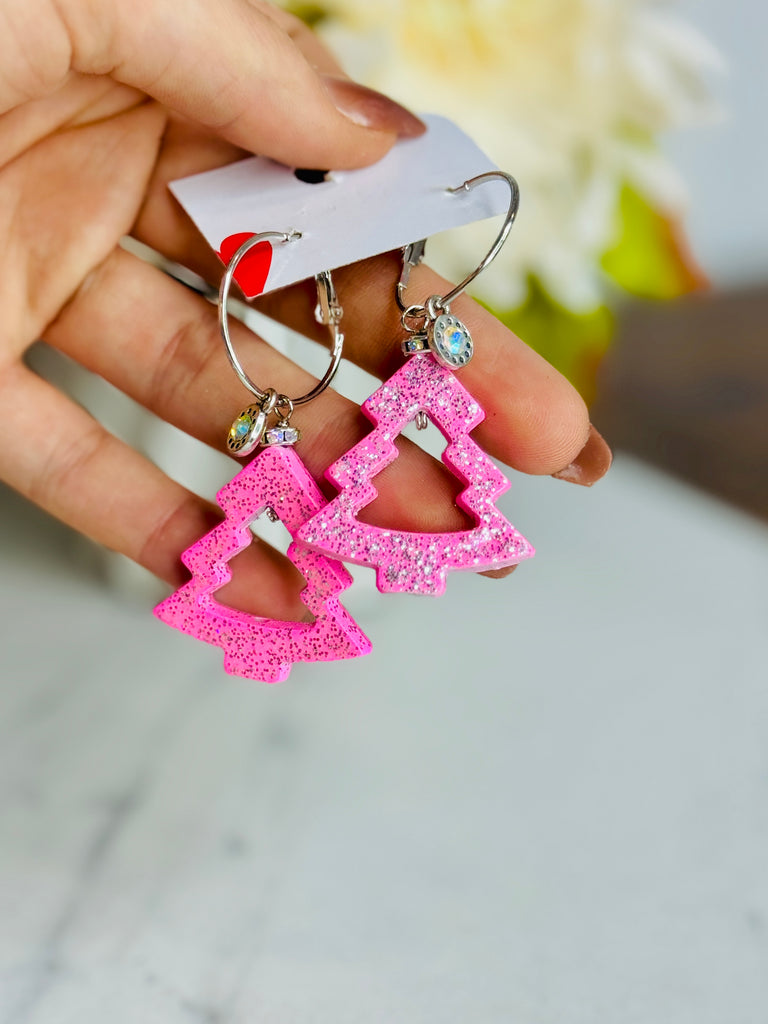 Shimmer Holiday Tree Earrings - Pink