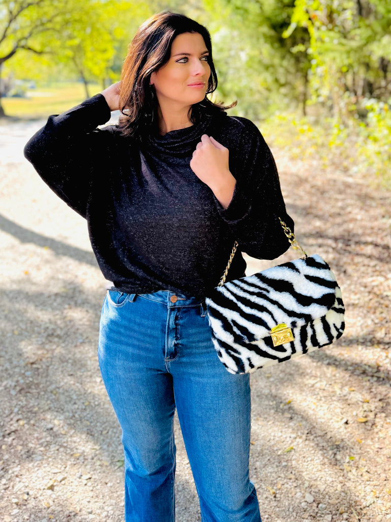 Heathered Black Cowl Neck Fleece Sweater