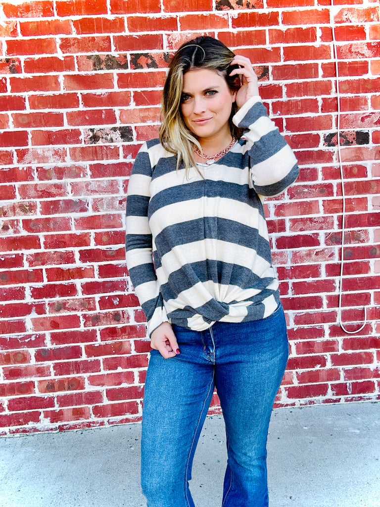 Keep You Guessing Stripe Knot Top - Charcoal