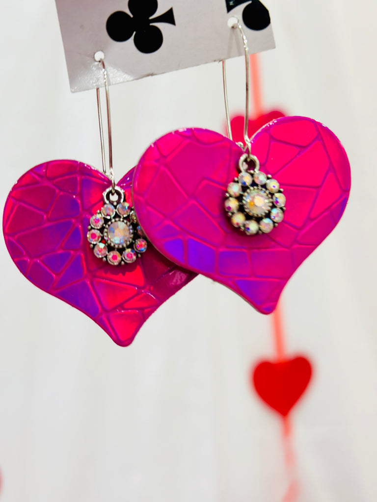 Hot Pink Hologram Hearts Leather Earrings