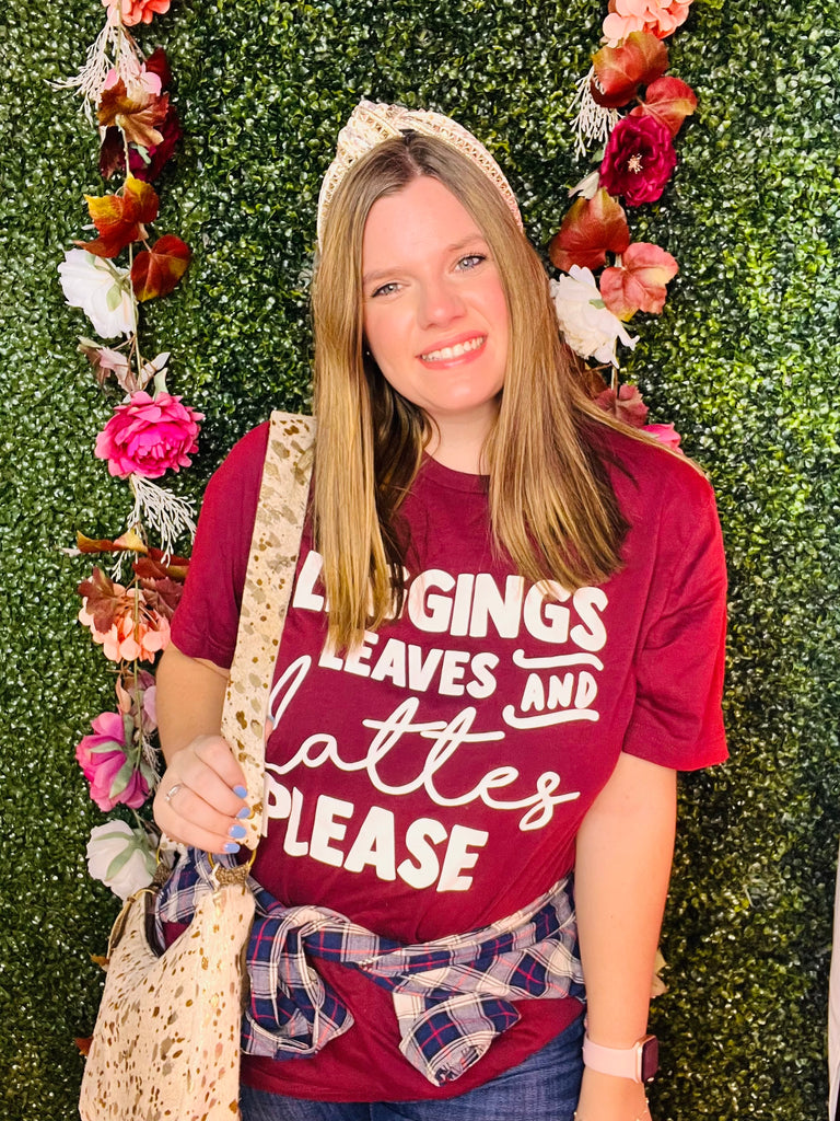 Leggings, Leaves, And Lattes Tee - Wine