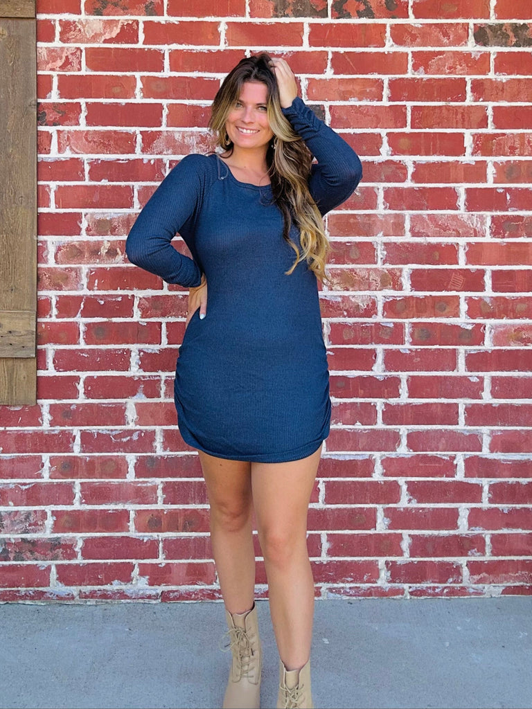 Navy Rib Knit Ruched Sweater Dress