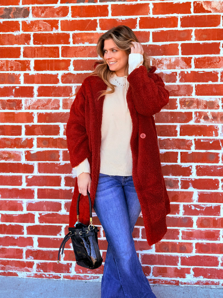 Crimson Kisses Stepping into Luxe Sherpa Long Fur Jacket