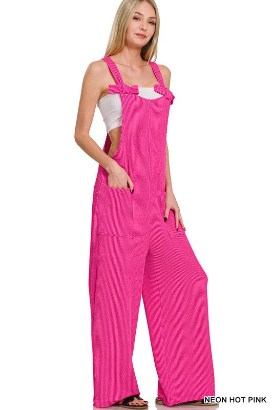 The Daisy Corded Ribbed Knot Relaxed Fit Overalls in Hot Pink