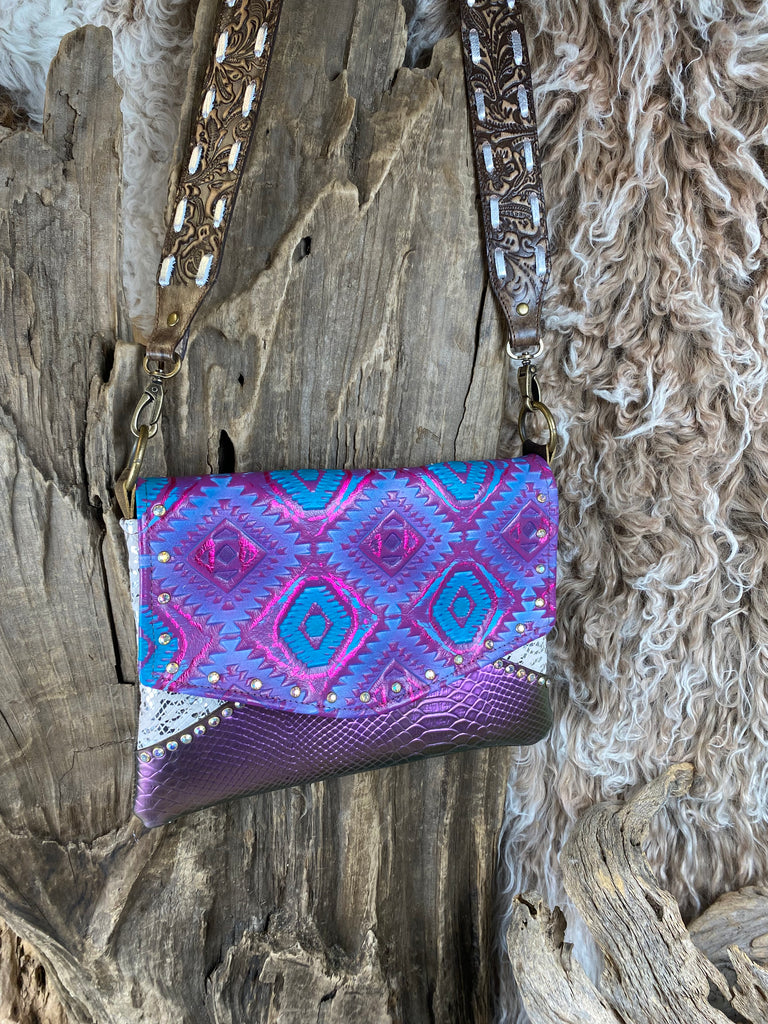 Purple Aztec AB studded Leather/Hide Glenda Purse