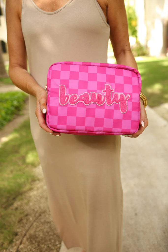 Beauty Patch Checkered Pink Zipper Bag