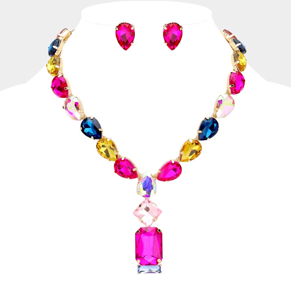 Emerald Cut Cluster Teardrop Pendant Necklace - MULTI