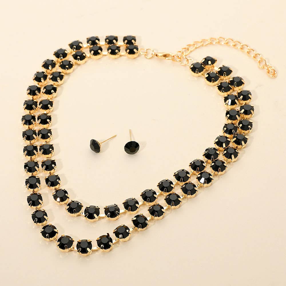 Double Row Sparkle Cluster Necklace - JET
