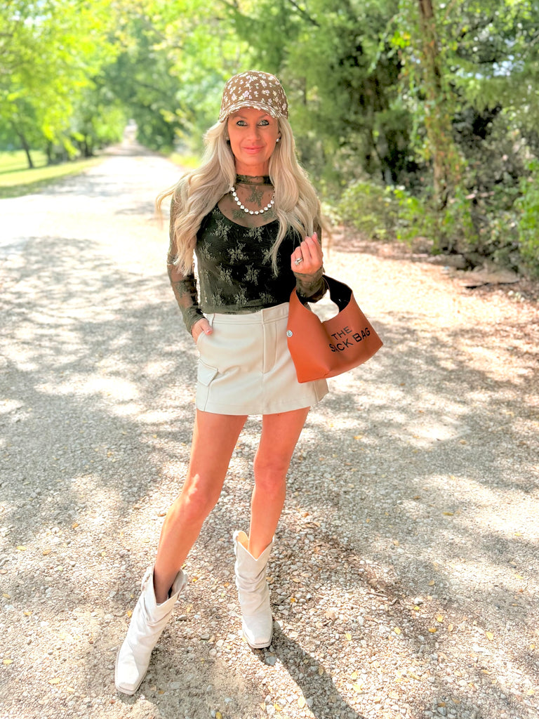 Dark Olive Vintage Lace Mesh Mock Neck Top