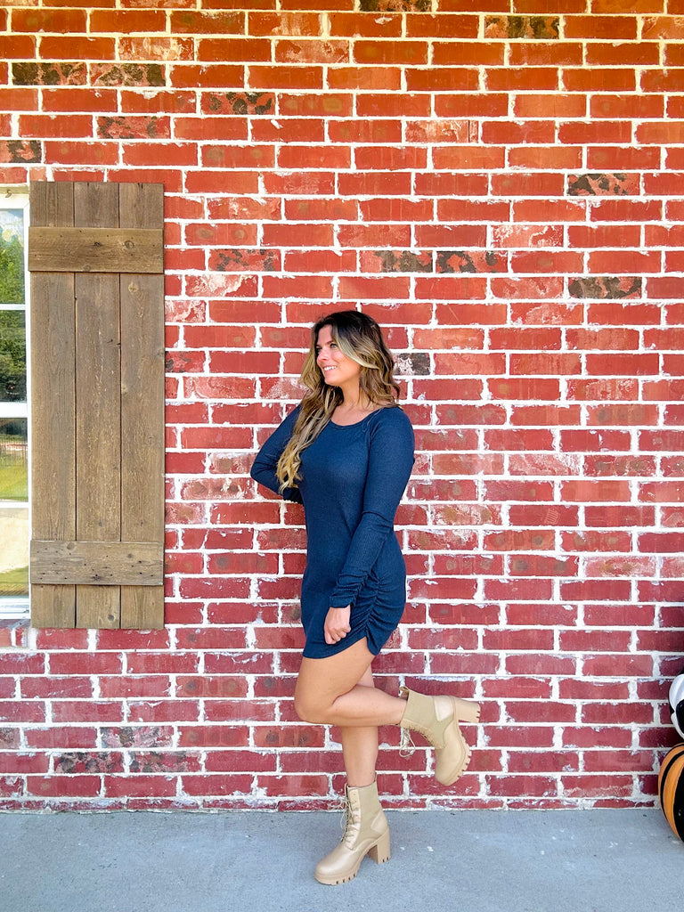 Navy Rib Knit Ruched Sweater Dress